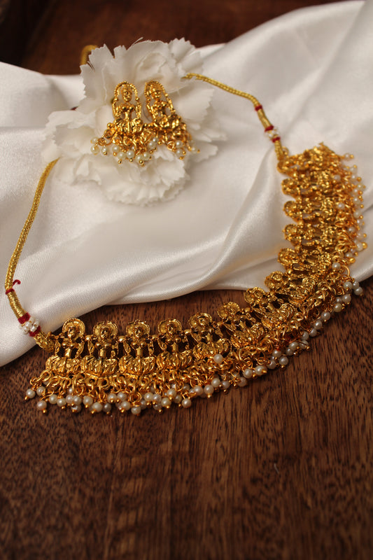 Gold Temple Necklace White Pearl Set
