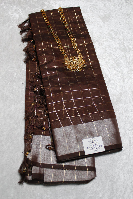 Brown Linen Saree with Gold Checked