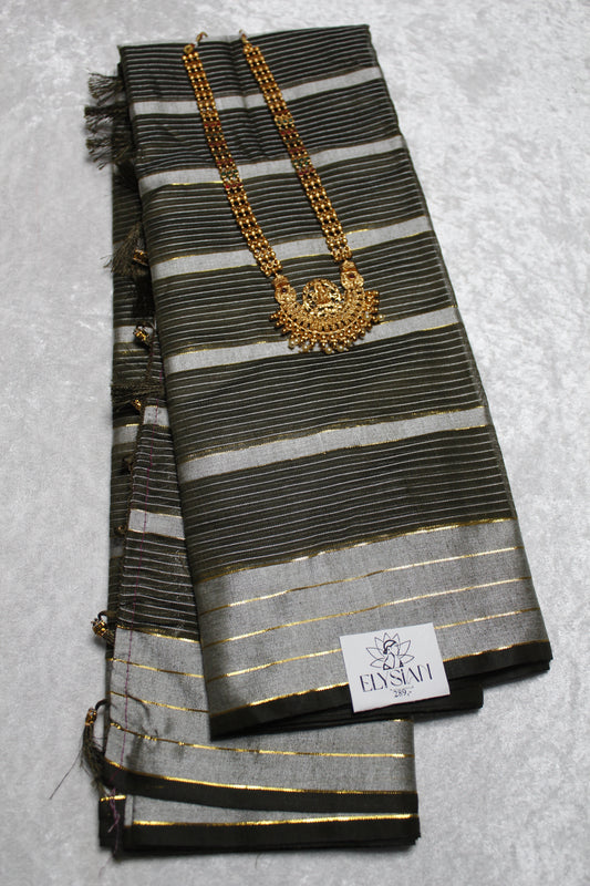 Black Linen Saree With Tight Stripes