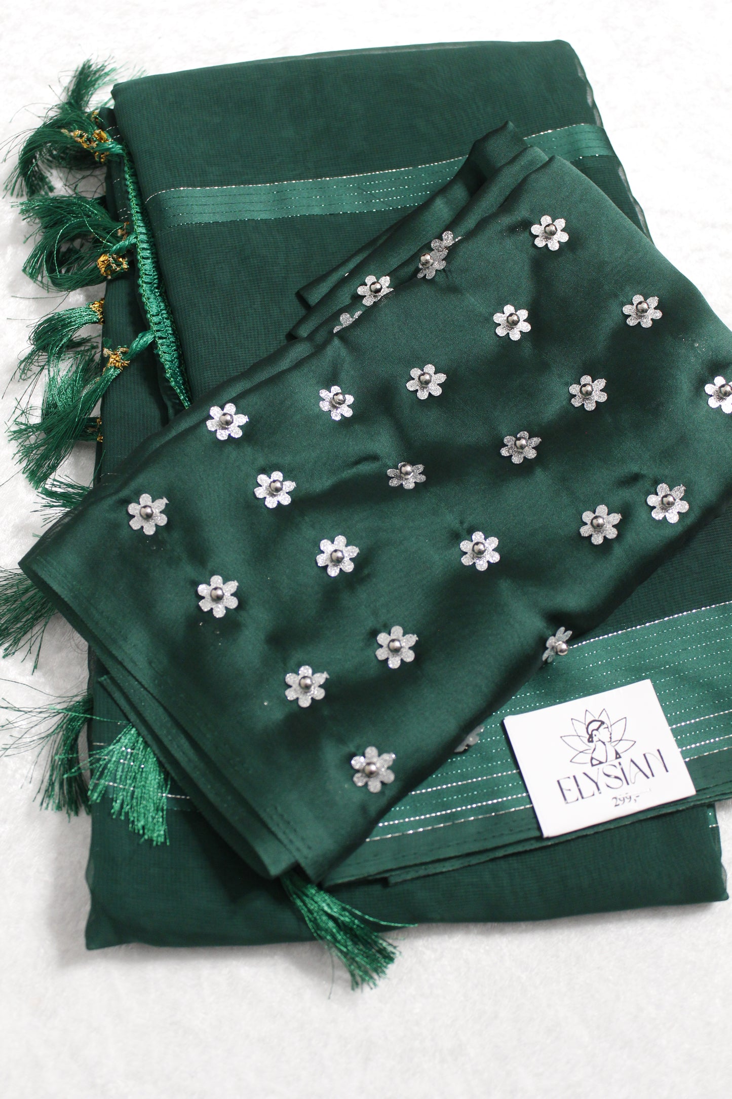 Plain Satin Patta Saree With Flower Pearl Blouse