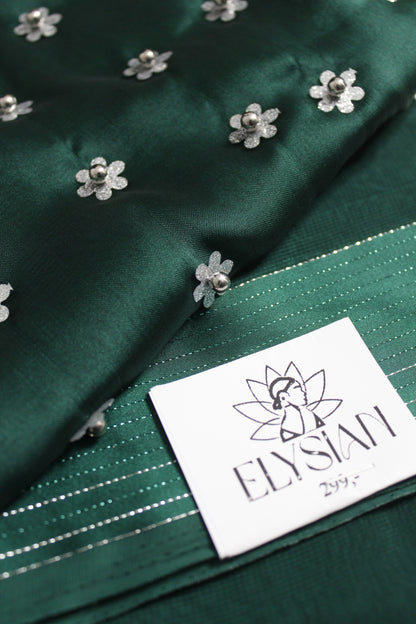 Plain Satin Patta Saree With Flower Pearl Blouse