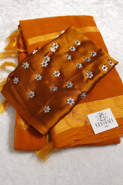 Plain Satin Patta Saree With Flower Pearl Blouse